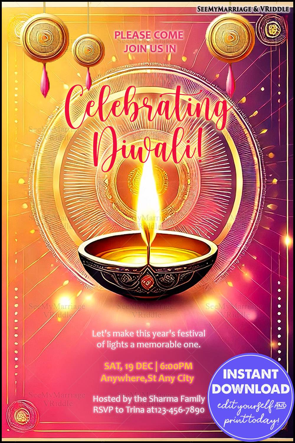 Festive Diwali Party Invitation with Bright Diya and Vibrant Pink-Orange Background