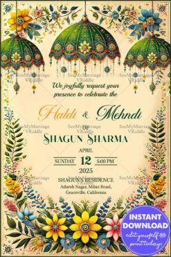 Festive Haldi and Mehndi Invitation with Decorative Green Canopies, Lush Floral Designs and Beige Backdrop