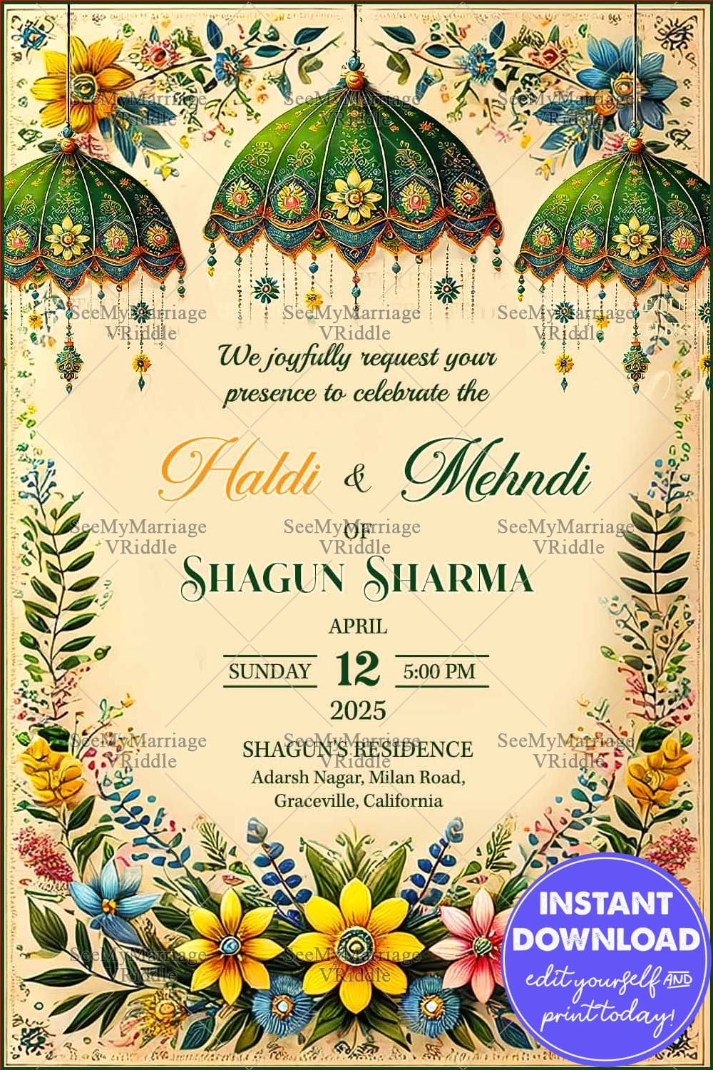 Festive Haldi and Mehndi Invitation with Decorative Green Canopies, Lush Floral Designs and Beige Backdrop