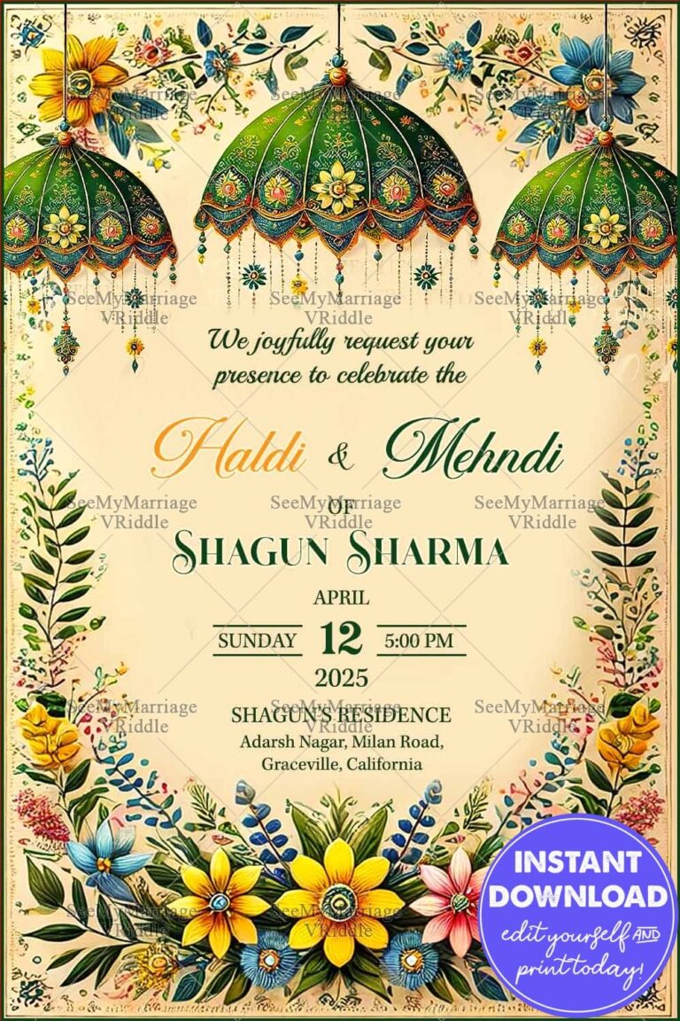 Festive Haldi and Mehndi Invitation with Decorative Green Canopies, Lush Floral Designs and Beige Backdrop