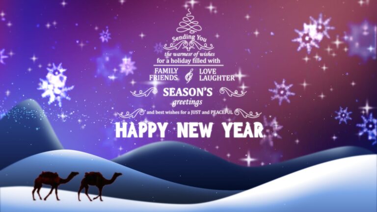 Festive New Year Design Video with Sparkling Sky and Camels, Snowfall