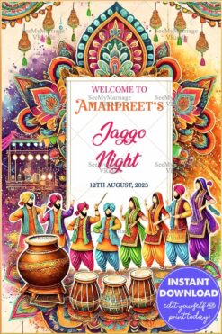 Festive Punjabi Jaggo Night Poster Sign/Banner with Traditional Dancers, Dhols, and Festive Decor