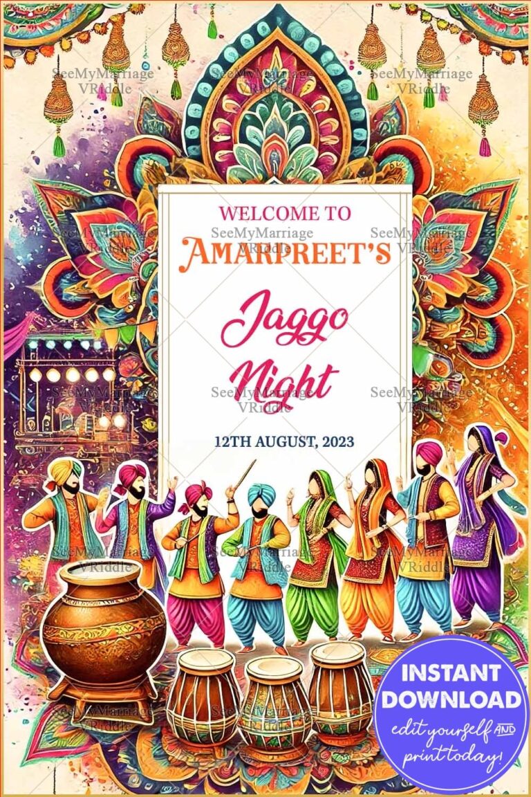 Festive Punjabi Jaggo Night Poster Sign/Banner with Traditional Dancers, Dhols, and Festive Decor