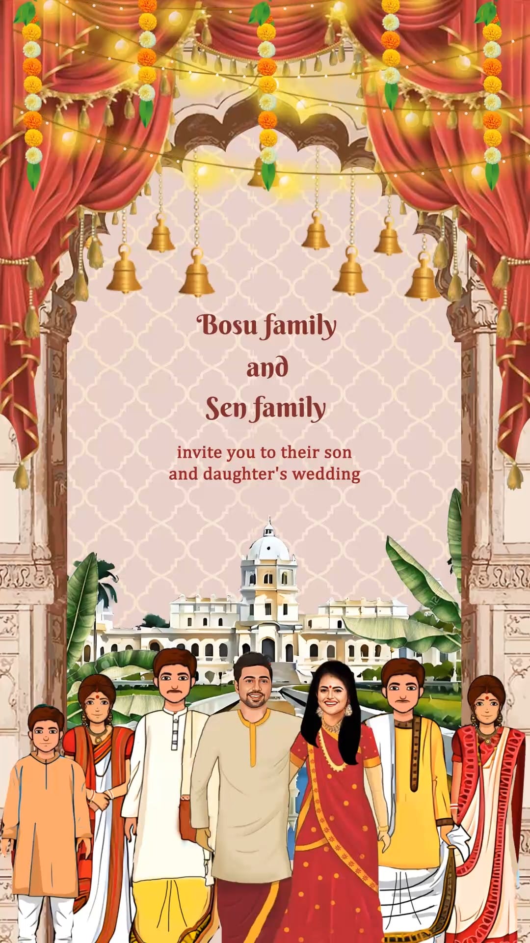 Festive Wedding Invitation Video with Vibrant Indian Theme, Family Portrait and Floral Accents