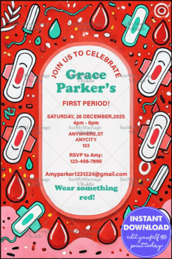 First Period Celebration Invitation with Red Theme and Playful Menstrual Pads and Tampons Illustrations