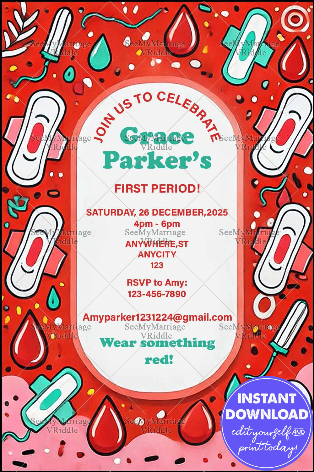 First Period Celebration Invitation with Red Theme and Playful Menstrual Pads and Tampons Illustrations