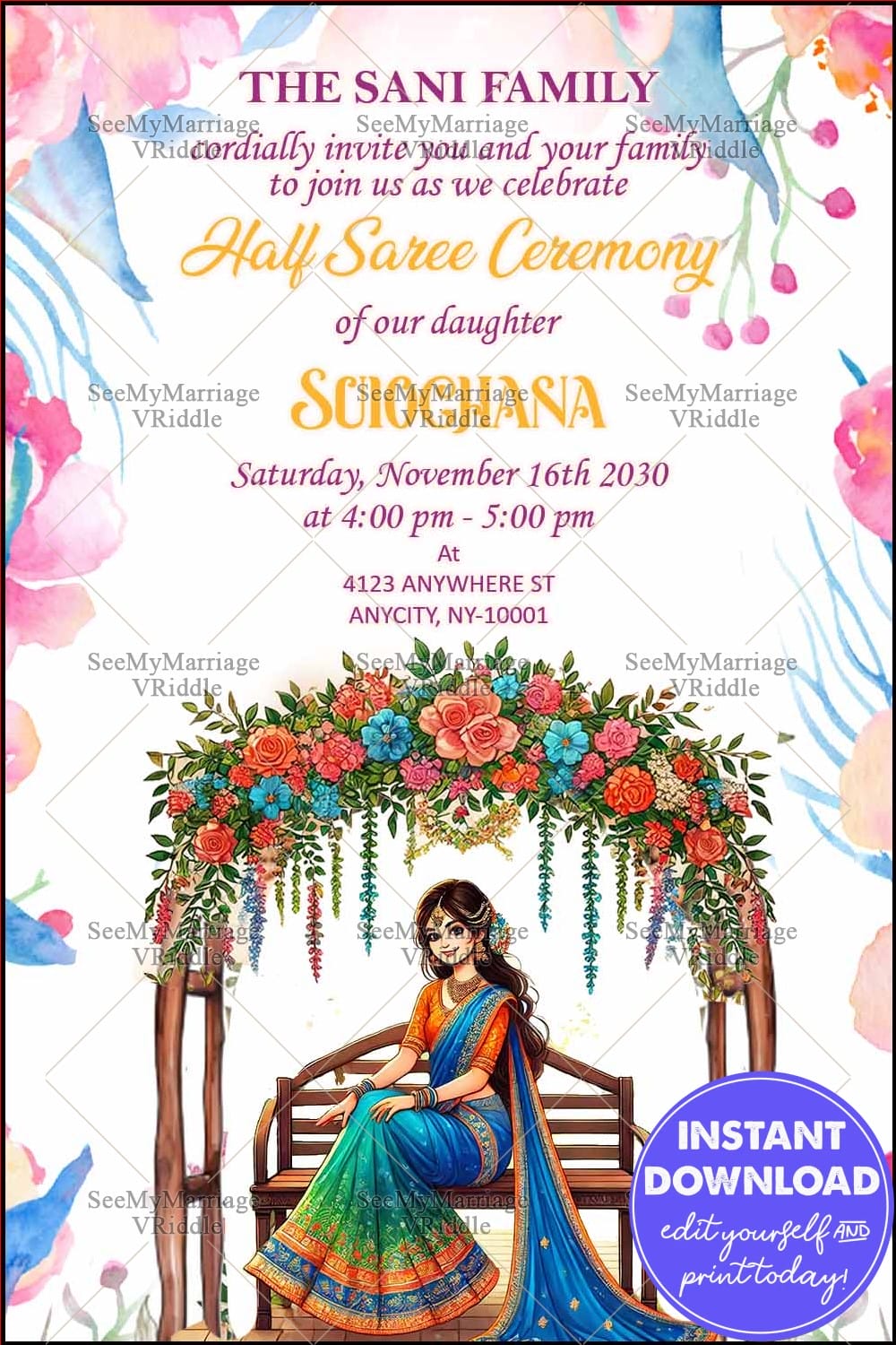 Floral Arch Half Saree Ceremony Invitation with Traditional Decor Featuring a Young Woman Illustration