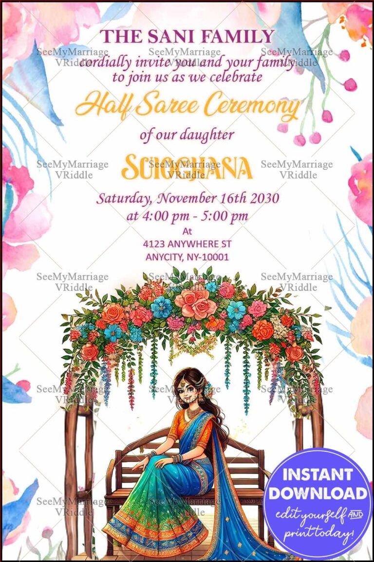 Floral Arch Half Saree Ceremony Invitation with Traditional Decor Featuring a Young Woman Illustration