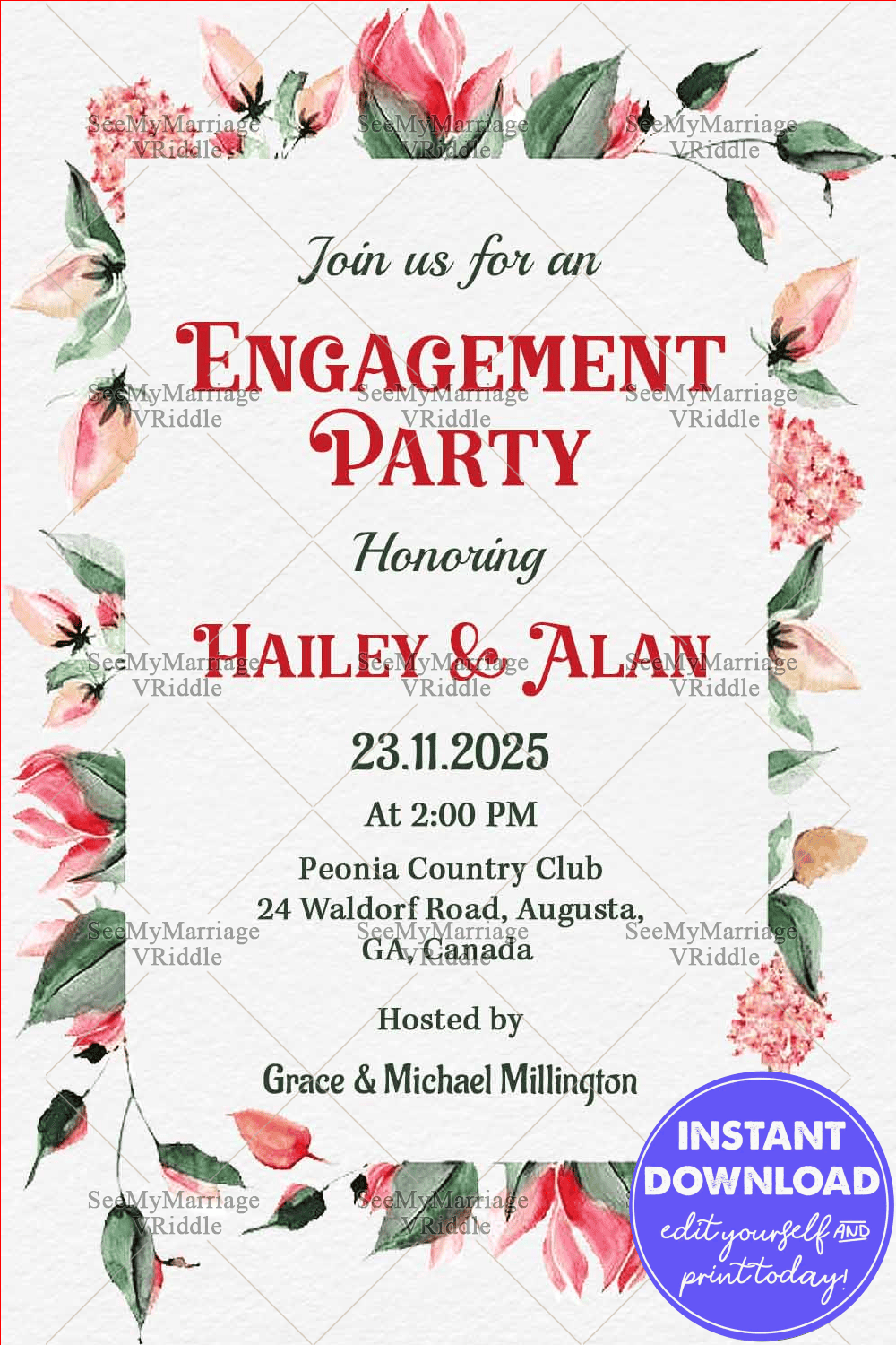 Floral Frame Engagement Party Invitation in Pink and Green on a Soft Textured Background and Minimalist Design