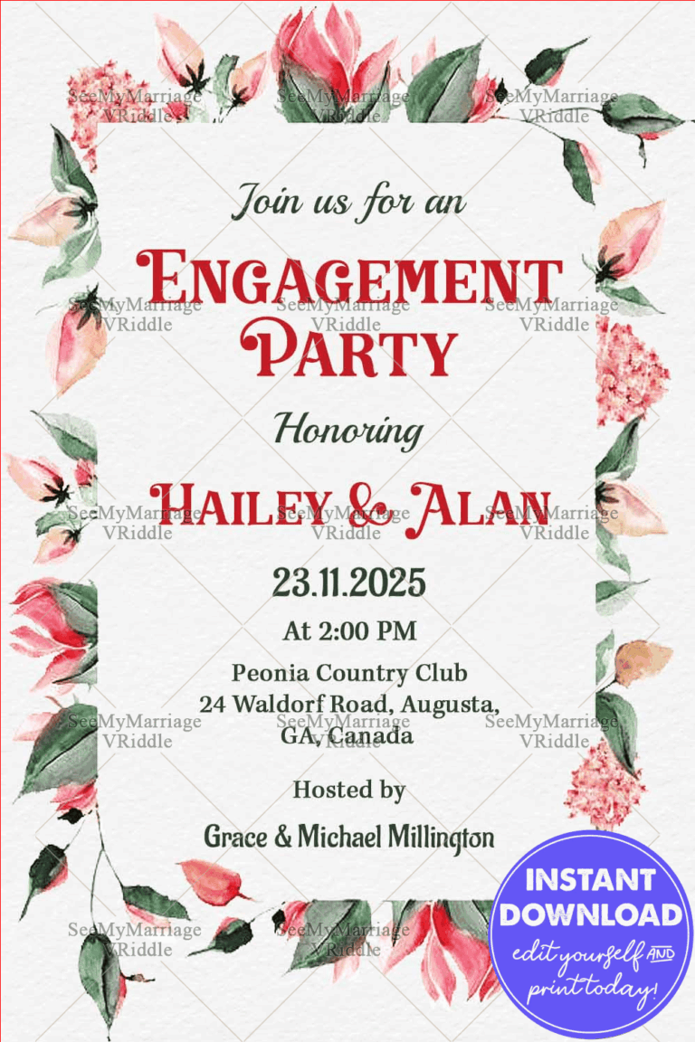 Floral Frame Engagement Party Invitation in Pink and Green on a Soft Textured Background and Minimalist Design