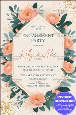 Floral Frame Engagement Party Invitation with Modern Typography in Peach and Green Tones