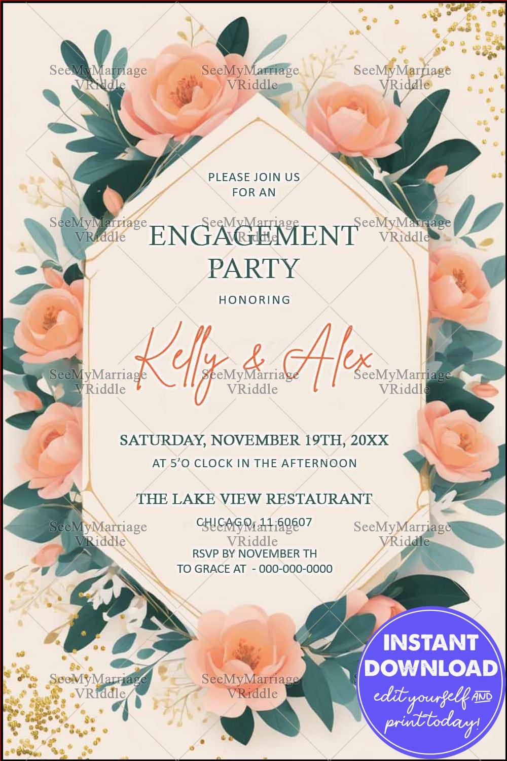 Floral Frame Engagement Party Invitation with Modern Typography in Peach and Green Tones