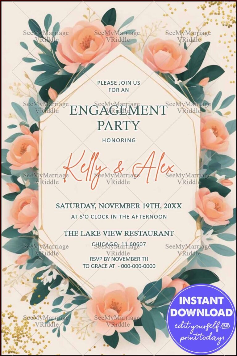 Floral Frame Engagement Party Invitation with Modern Typography in Peach and Green Tones