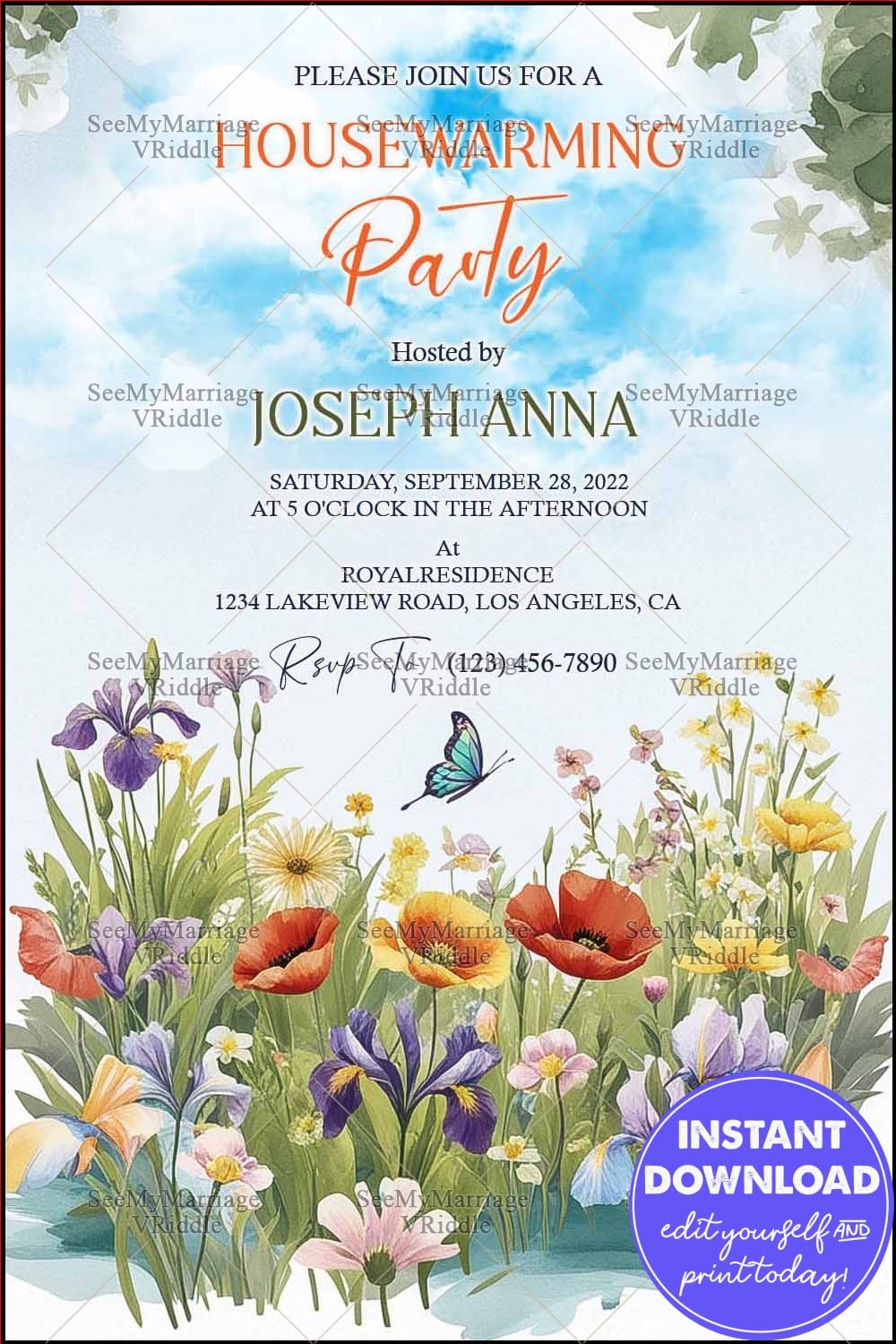 Floral Garden-Themed Housewarming Party Invite with Vibrant Wildflowers and Butterflies