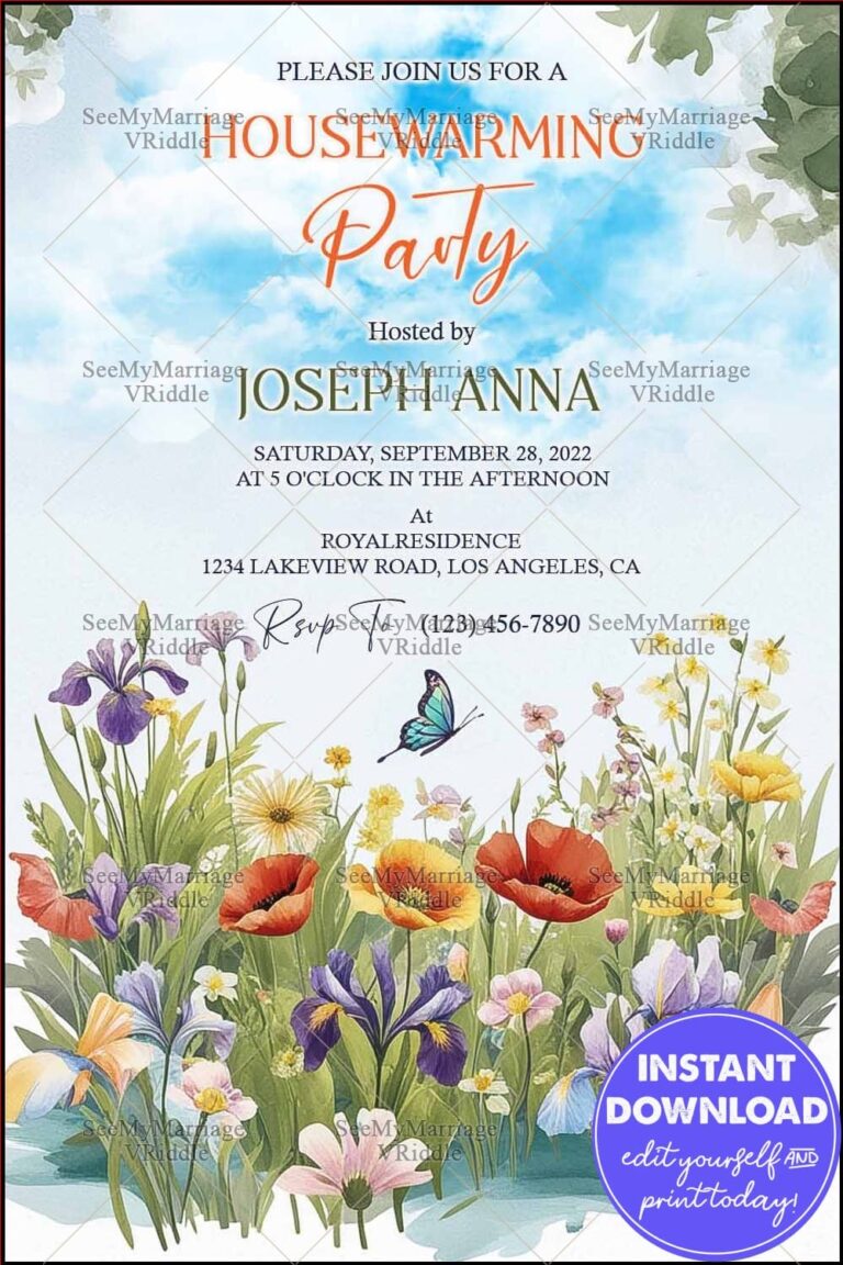 Floral Garden-Themed Housewarming Party Invite with Vibrant Wildflowers and Butterflies