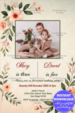 Floral Joint Birthday Invitation with a Sibling Portrait for a 3rd and 5th Celebration