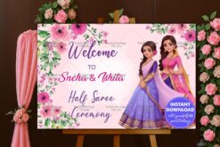 Floral Pink Half Saree Ceremony Welcome Banner Featuring Illustrated Sisters in Traditional Attire