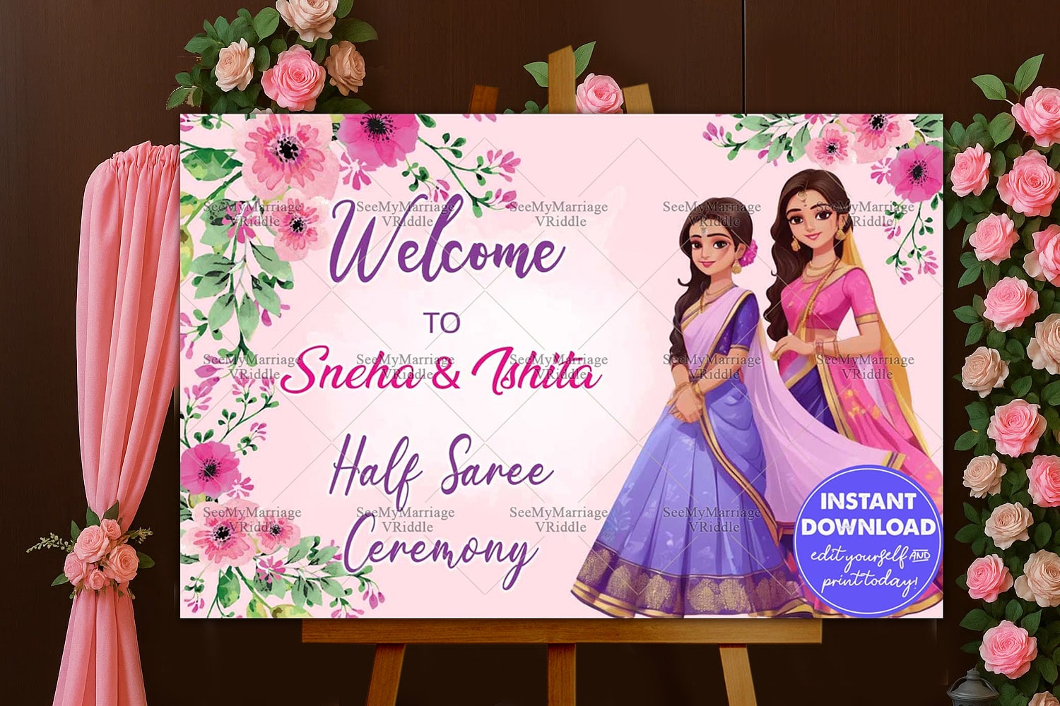 Floral Pink Half Saree Ceremony Welcome Banner Featuring Illustrated Sisters in Traditional Attire