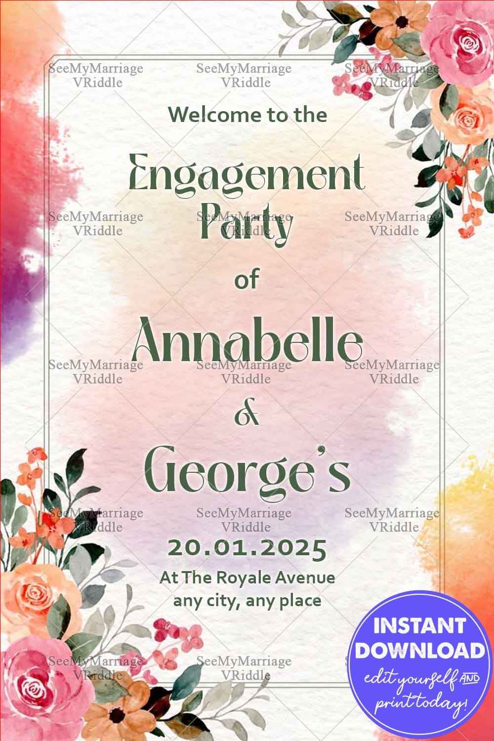 Floral-Themed Engagement Party Welcome Banner with Vibrant Roses and Minimalist Green Typography