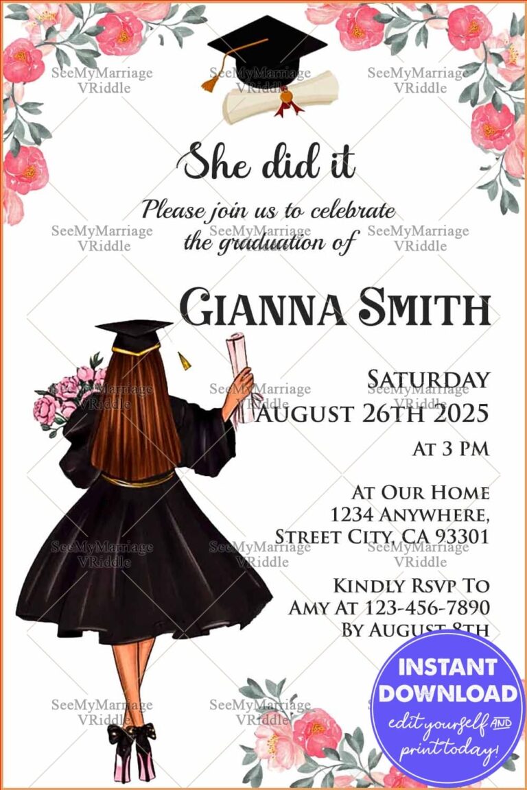 Floral-Themed Graduation Invite Featuring Graduate Illustration, Cap and Gown, and Clean White Background