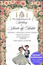 Floral-Themed White Wedding Invitation with Rose Borders and Elegant Couple Illustration