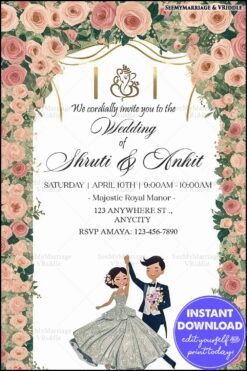 Floral-Themed White Wedding Invitation with Rose Borders and Elegant Couple Illustration