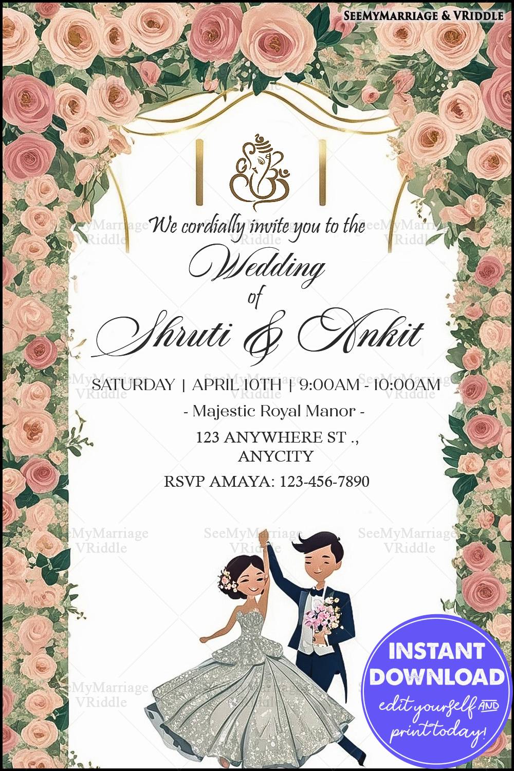 Floral-Themed White Wedding Invitation with Rose Borders and Elegant Couple Illustration