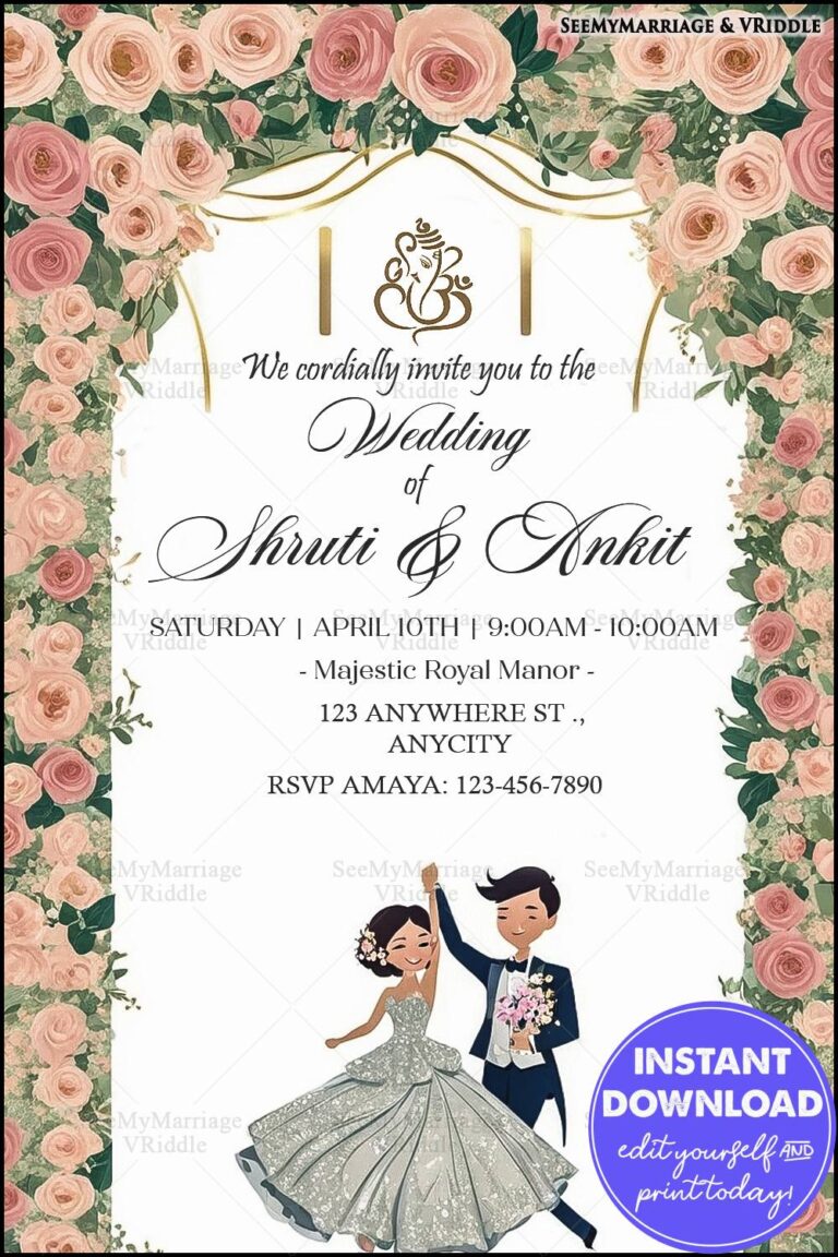 Floral-Themed White Wedding Invitation with Rose Borders and Elegant Couple Illustration