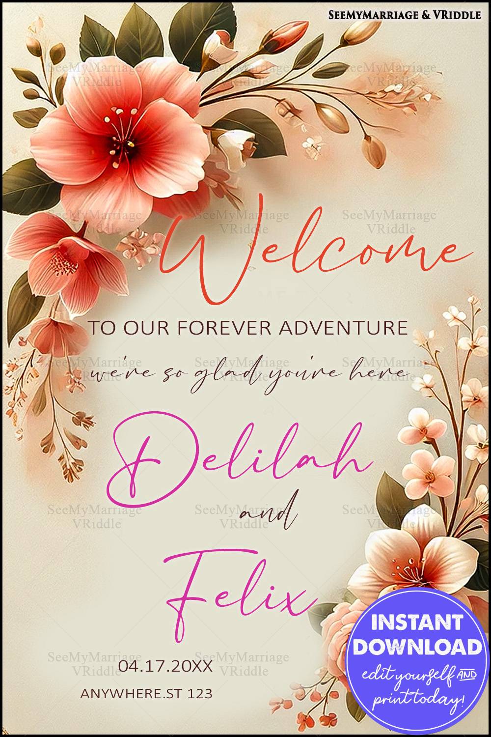 Floral Wedding Welcome Invitation Banner with Vibrant Pink and Peach Blooms for a Romantic Celebration