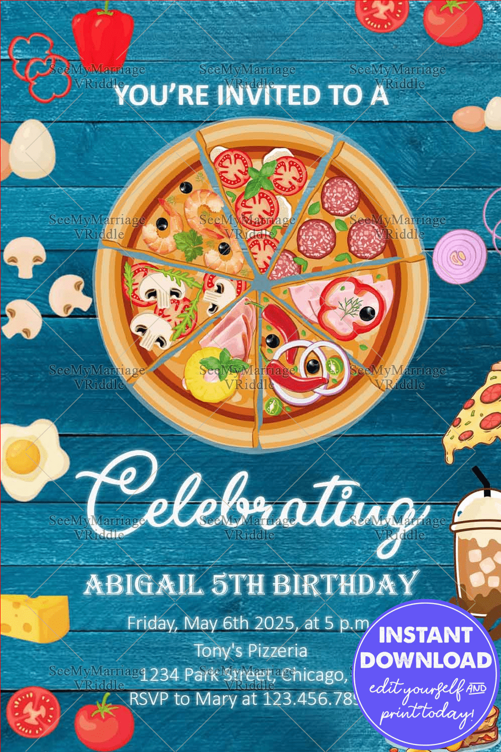 Fun Pizza-Themed 5th Birthday Party Invitation with Colorful Food Illustrations
