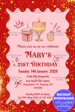 Girly Red and Pink 21st Birthday Invitation with Cupcake Illustrations and Simple Design