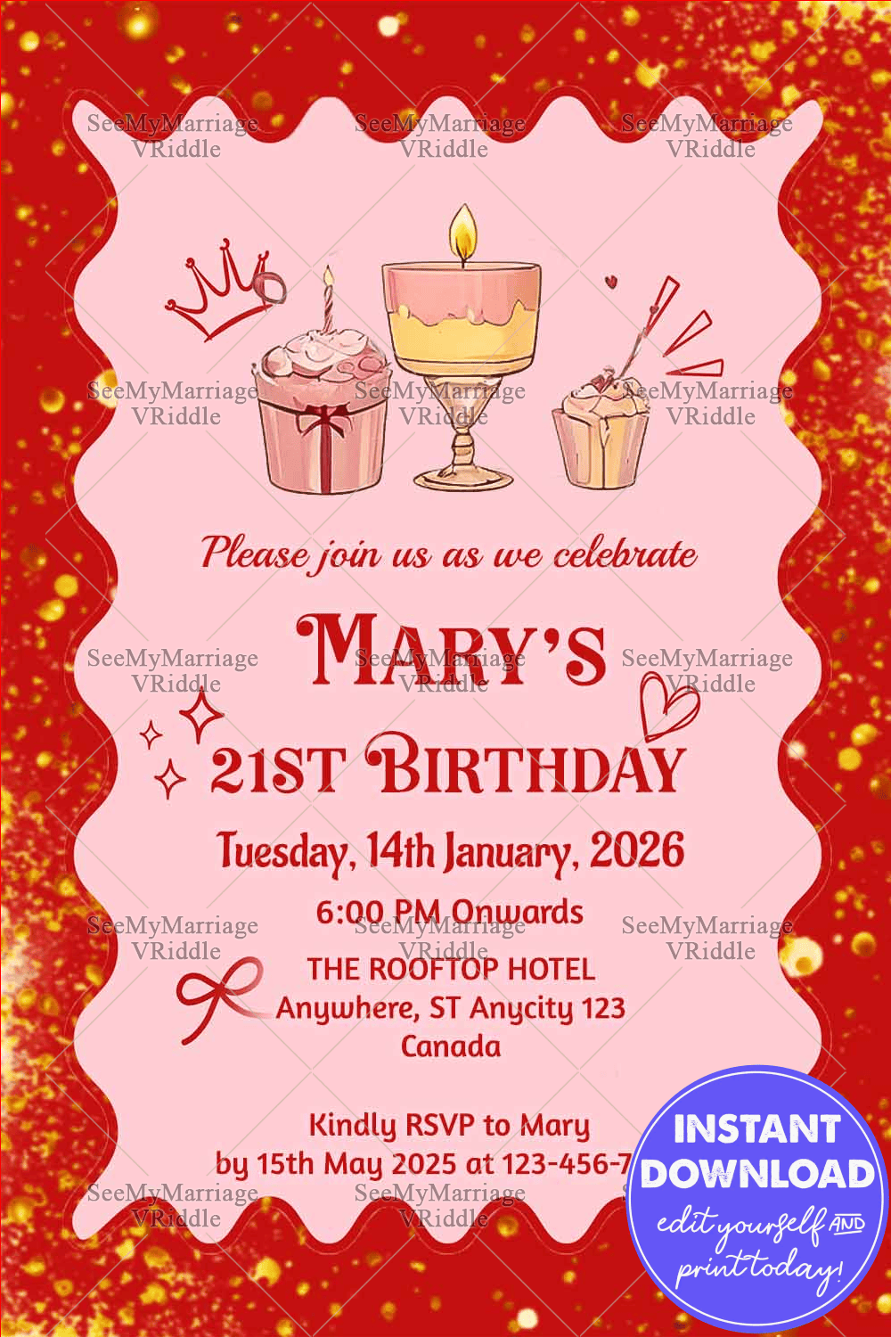 Girly Red and Pink 21st Birthday Invitation with Cupcake Illustrations and Simple Design