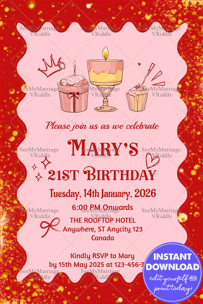 Girly Red and Pink 21st Birthday Invitation with Cupcake Illustrations and Simple Design