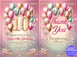 Glittering Pink and Gold 10th Birthday Invitation with Pastel Balloons and Matching Thank You Card Design
