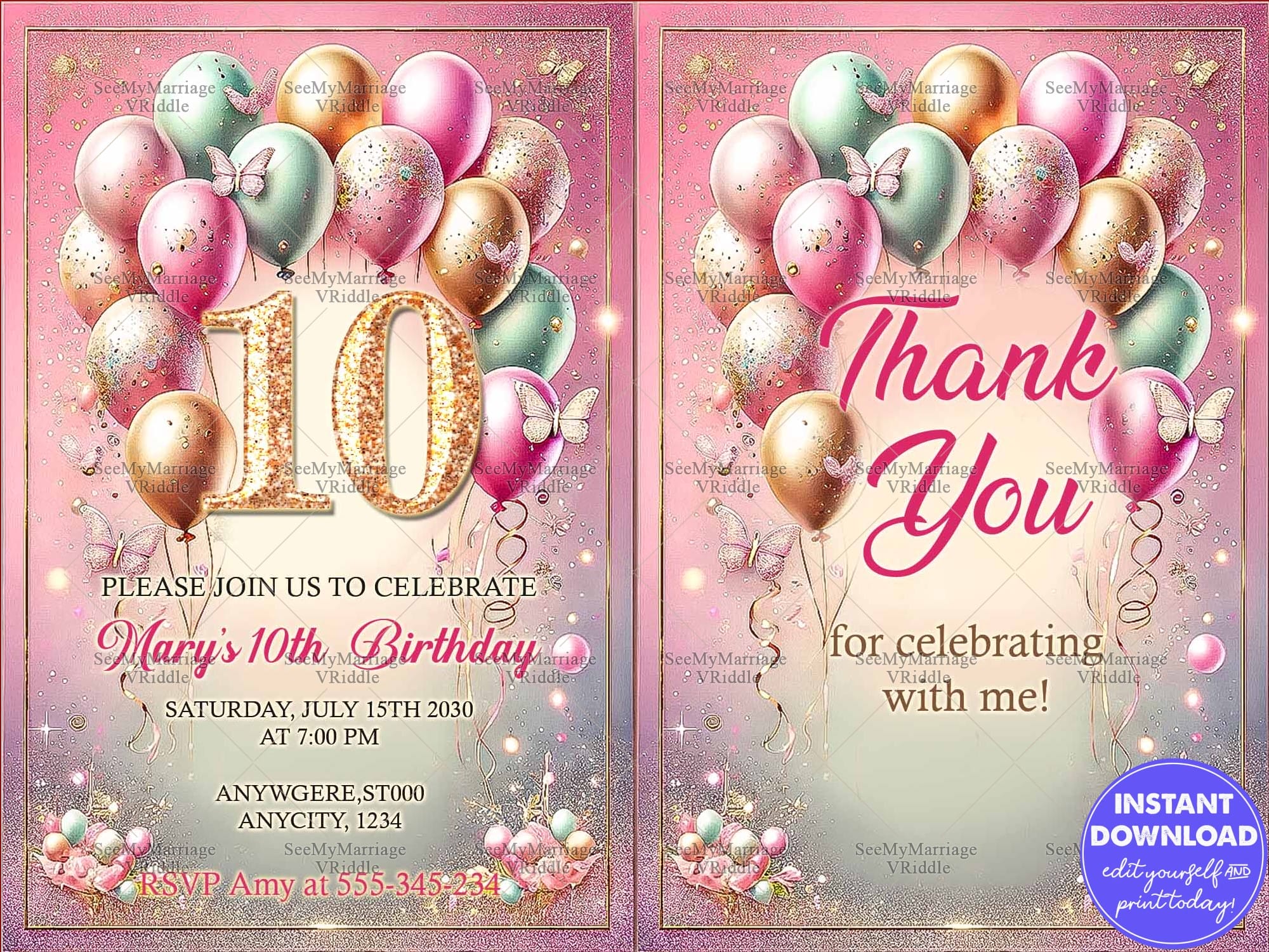 Glittering Pink and Gold 10th Birthday Invitation with Pastel Balloons and Matching Thank You Card Design