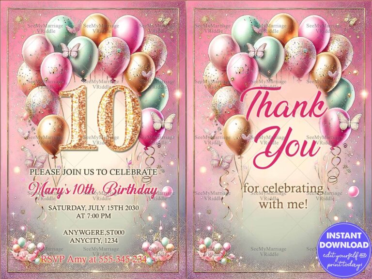 Glittering Pink and Gold 10th Birthday Invitation with Pastel Balloons and Matching Thank You Card Design