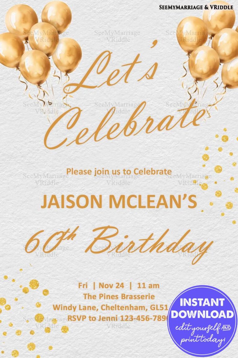 Gold Balloon-Themed 60th Birthday Invitation with Elegant Typography