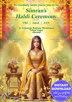 Gold Haldi Celebration Invite Featuring Yellow Floral Motifs and Festive Bride Illustration