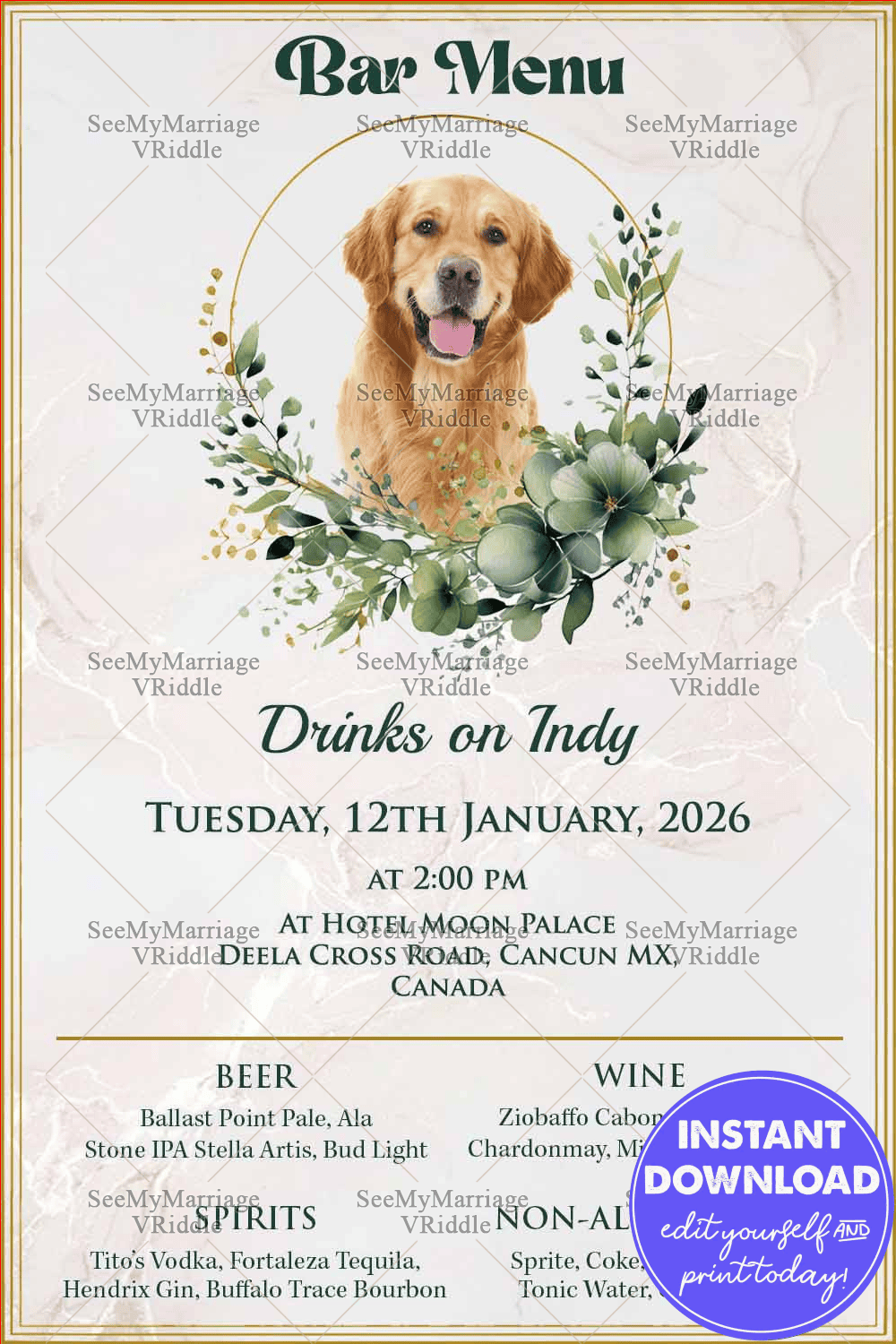 Golden Retriever Bar Menu Design with Elegant Florals and Marble-Inspired Background