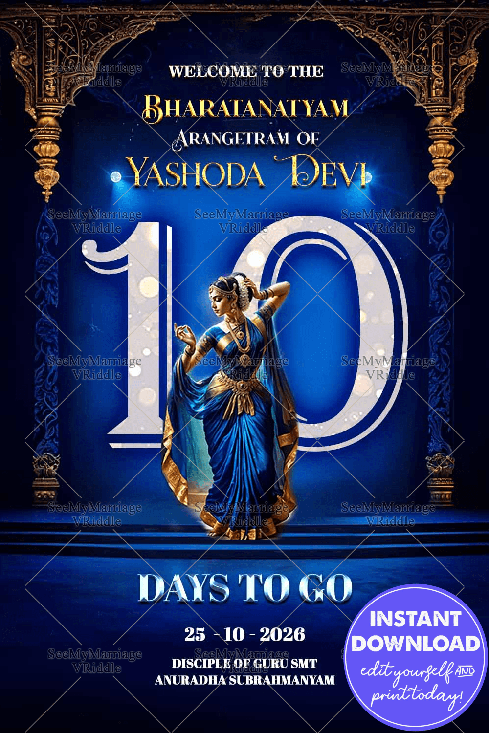 Graceful Countdown - Bharatanatyam Arangetram Announcement Poster with Blue Theme