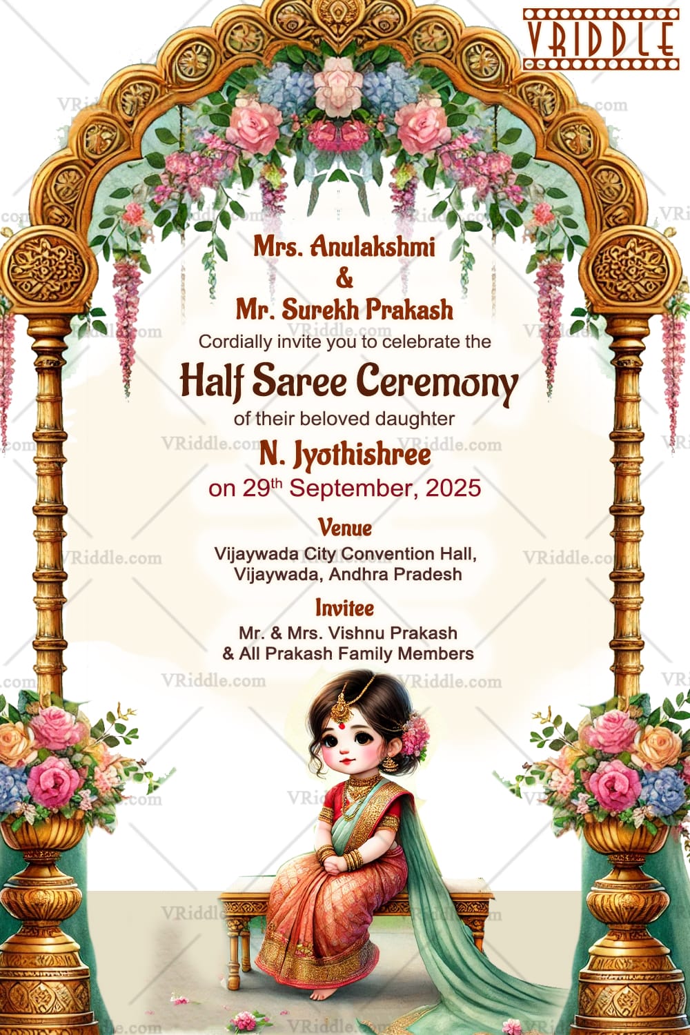 Graceful Half-Saree Invite Featuring Gold Pillars with Girl Illustration, Ornate Arch Design
