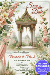 Grand Save the Date Wedding Card with Temple-Inspired Floral Arch and Romantic Pastel Pink & Green Accents