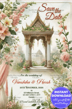 Grand Save the Date Wedding Card with Temple-Inspired Floral Arch and Romantic Pastel Pink & Green Accents