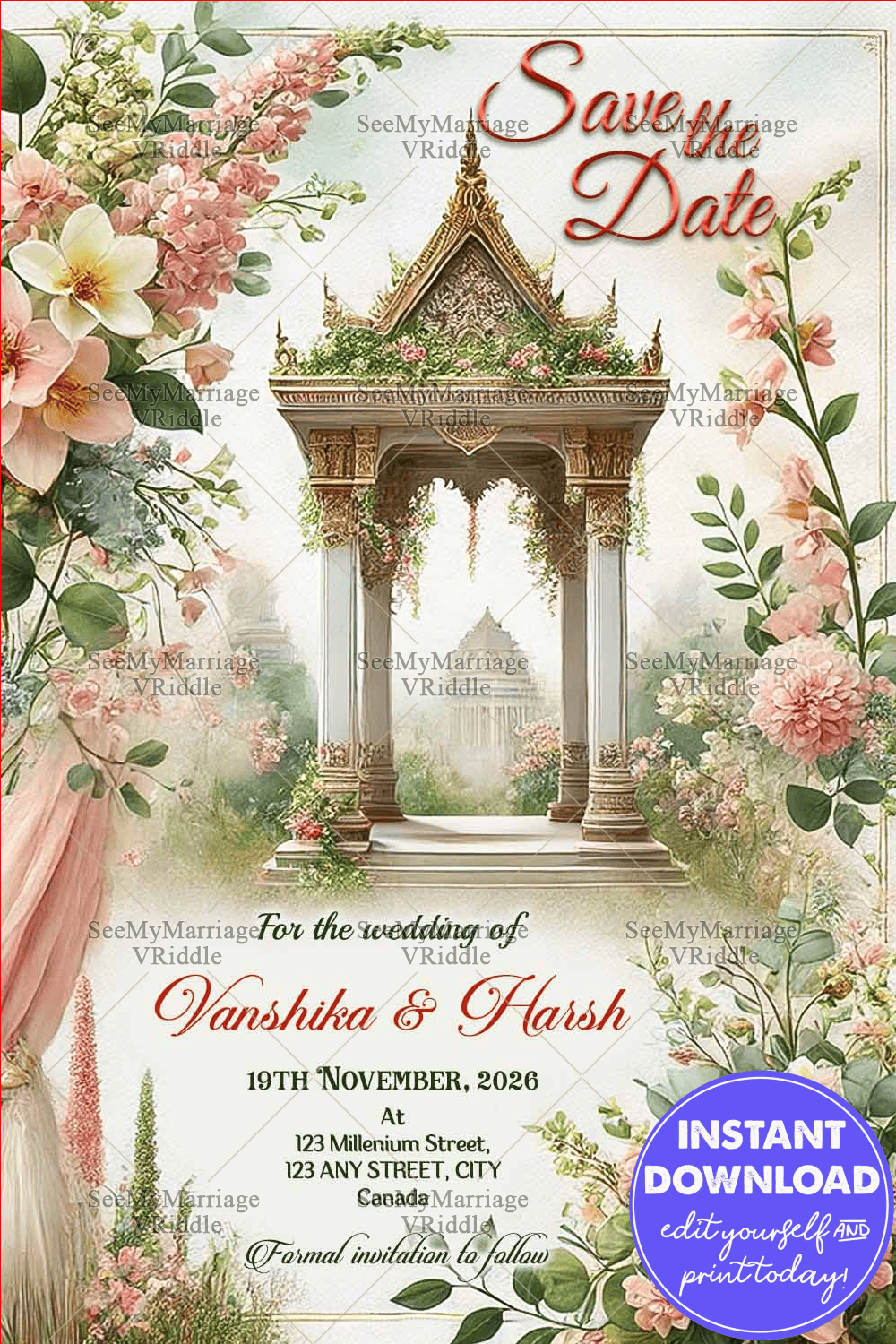 Grand Save the Date Wedding Card with Temple-Inspired Floral Arch and Romantic Pastel Pink & Green Accents