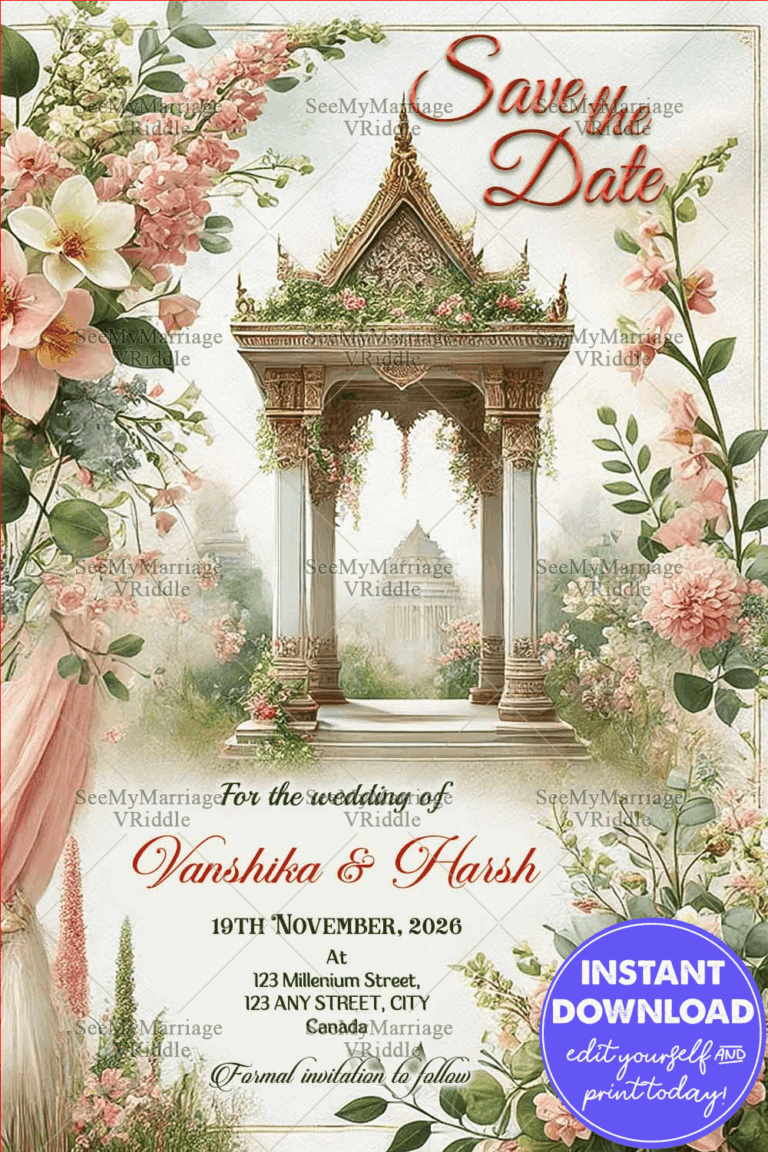 Grand Save the Date Wedding Card with Temple-Inspired Floral Arch and Romantic Pastel Pink & Green Accents