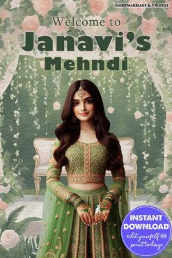 Green Mehndi Welcome Banner with Floral Drapes and Bride Illustration in Traditional Attire