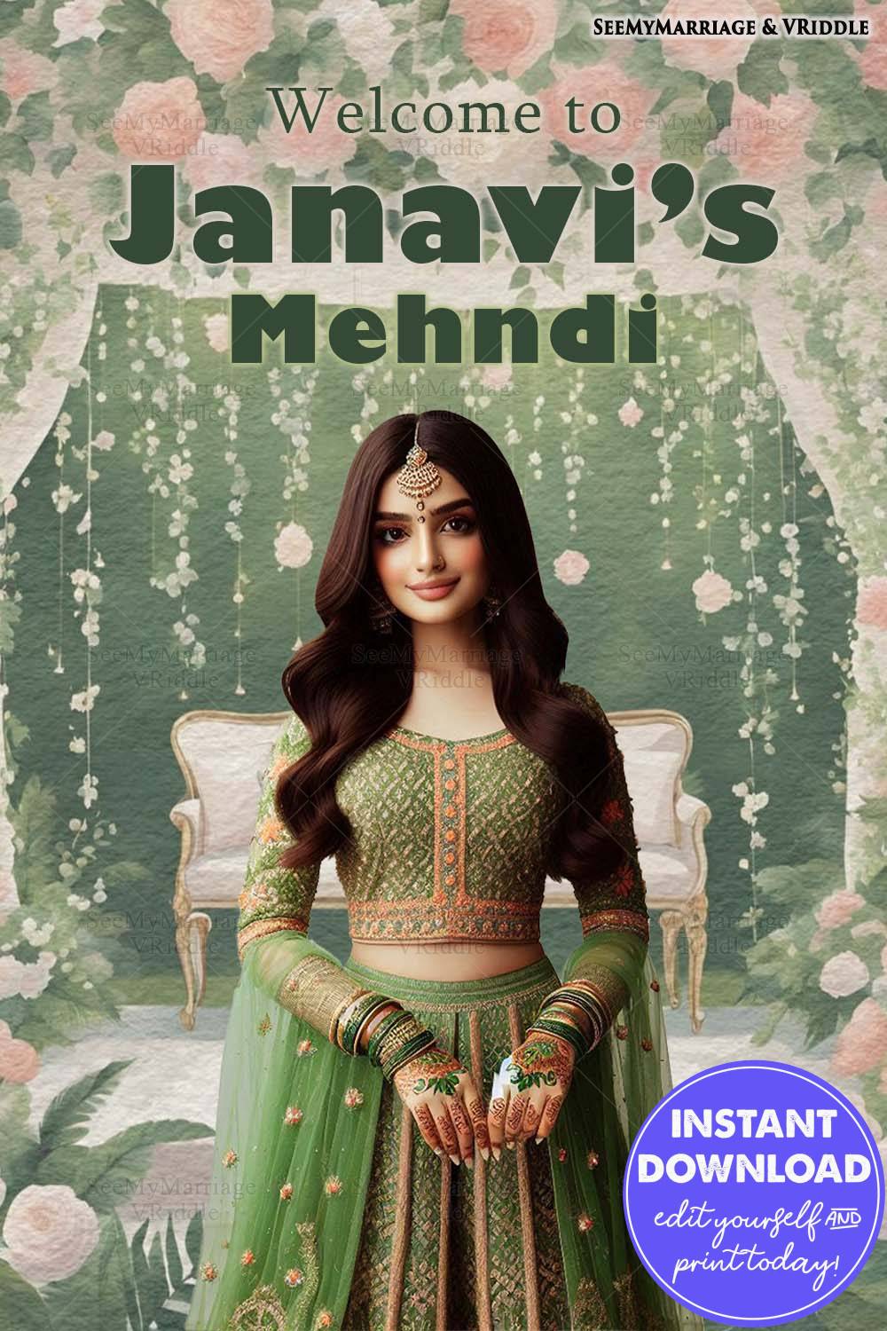 Green Mehndi Welcome Banner with Floral Drapes and Bride Illustration in Traditional Attire