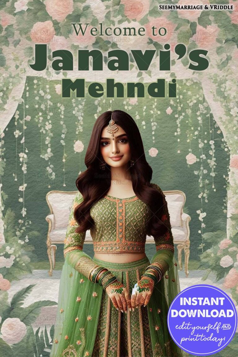 Green Mehndi Welcome Banner with Floral Drapes and Bride Illustration in Traditional Attire