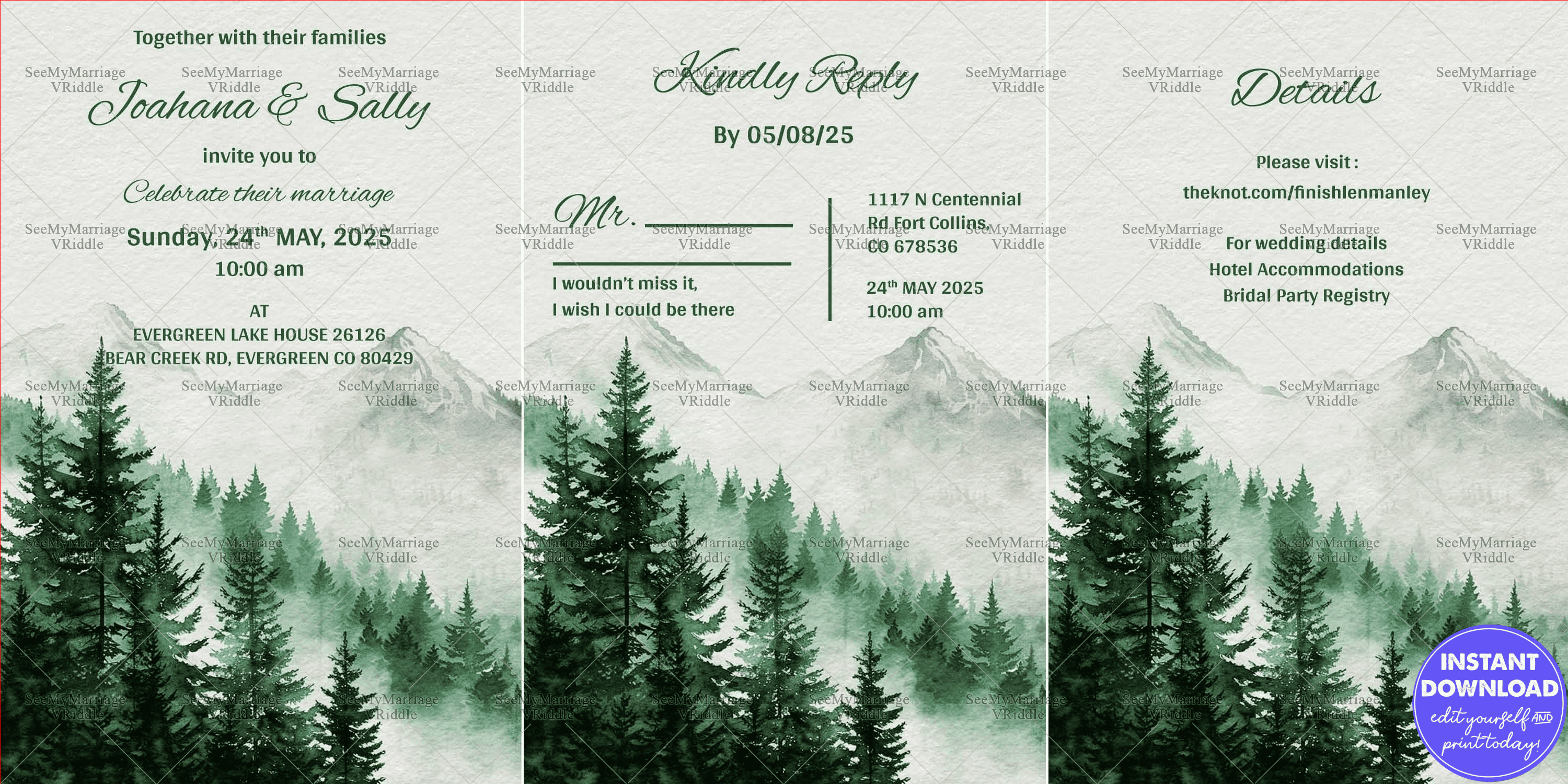 Green Misty Forest Wedding Invitation with Rustic Mountain and Nature-Inspired RSVP and Details