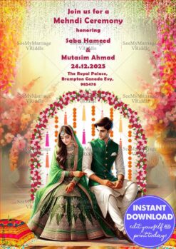 Green-Themed Mehndi Ceremony Invite Highlighting Marigold Tassels and Bride-Groom in Green Attire